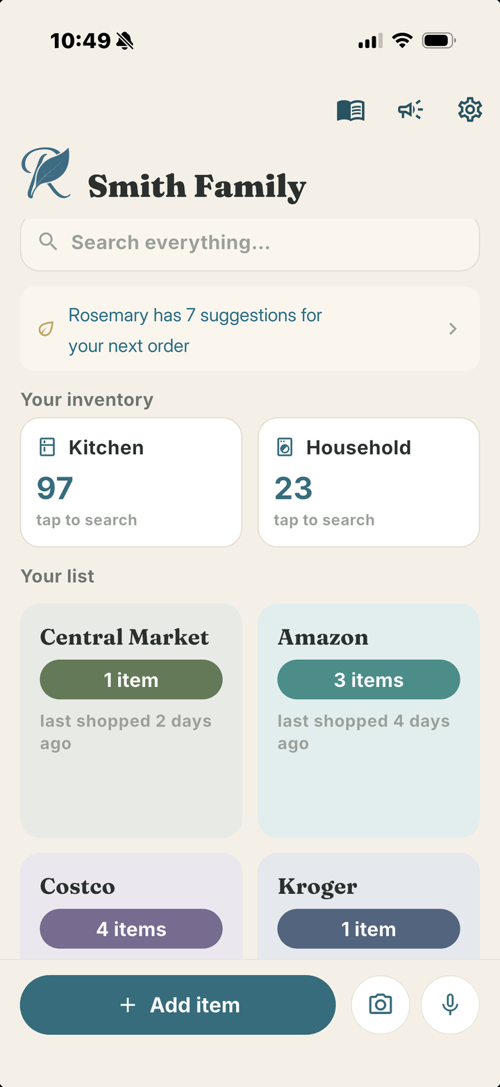 The Rosemary home screen: Rosemary has 7 suggestions for your next order