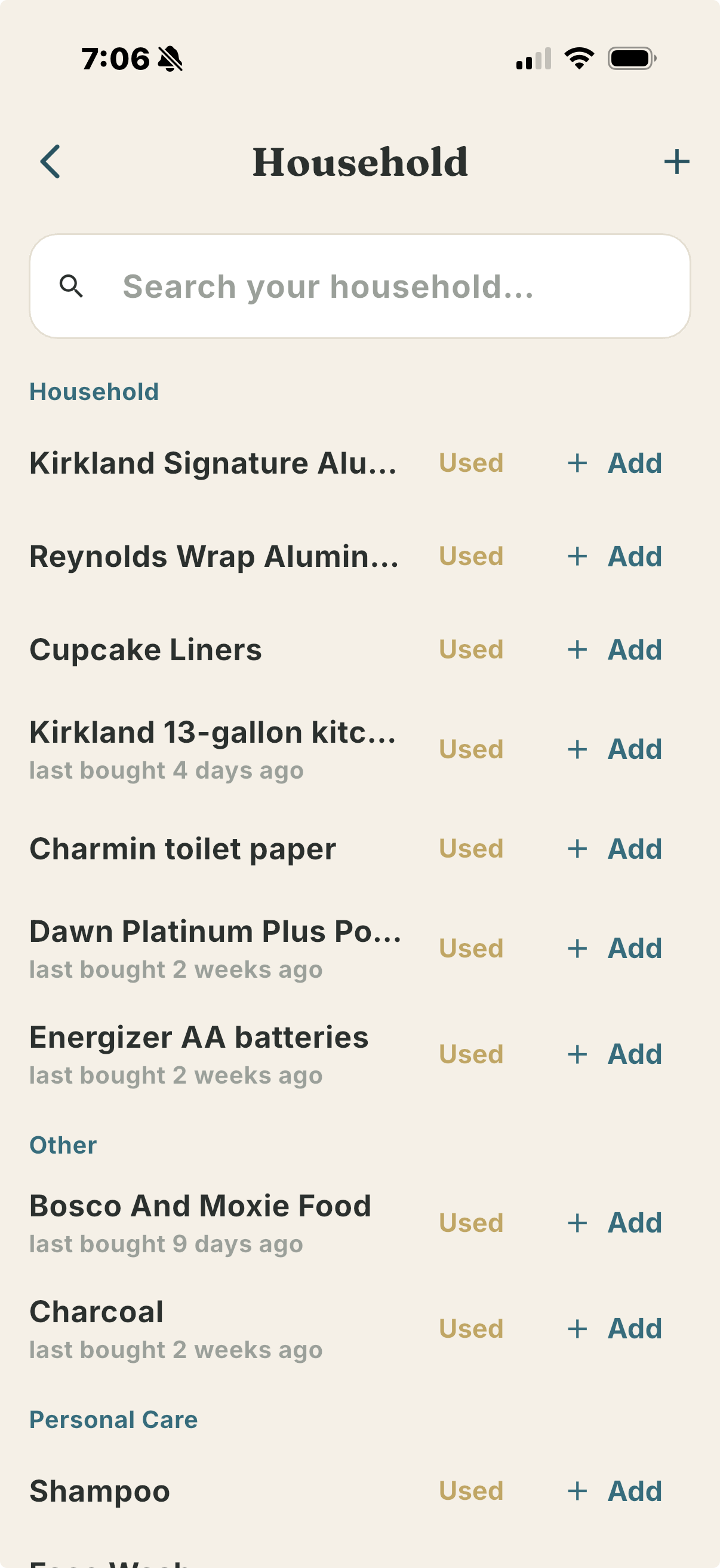 Rosemary's household inventory — foil, batteries, toilet paper, dog food with last-bought dates