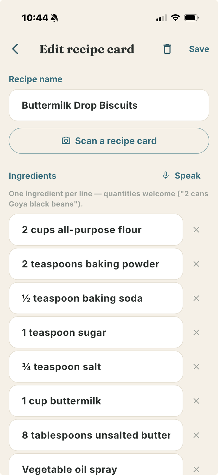 Rosemary reading ingredients from a handwritten recipe card