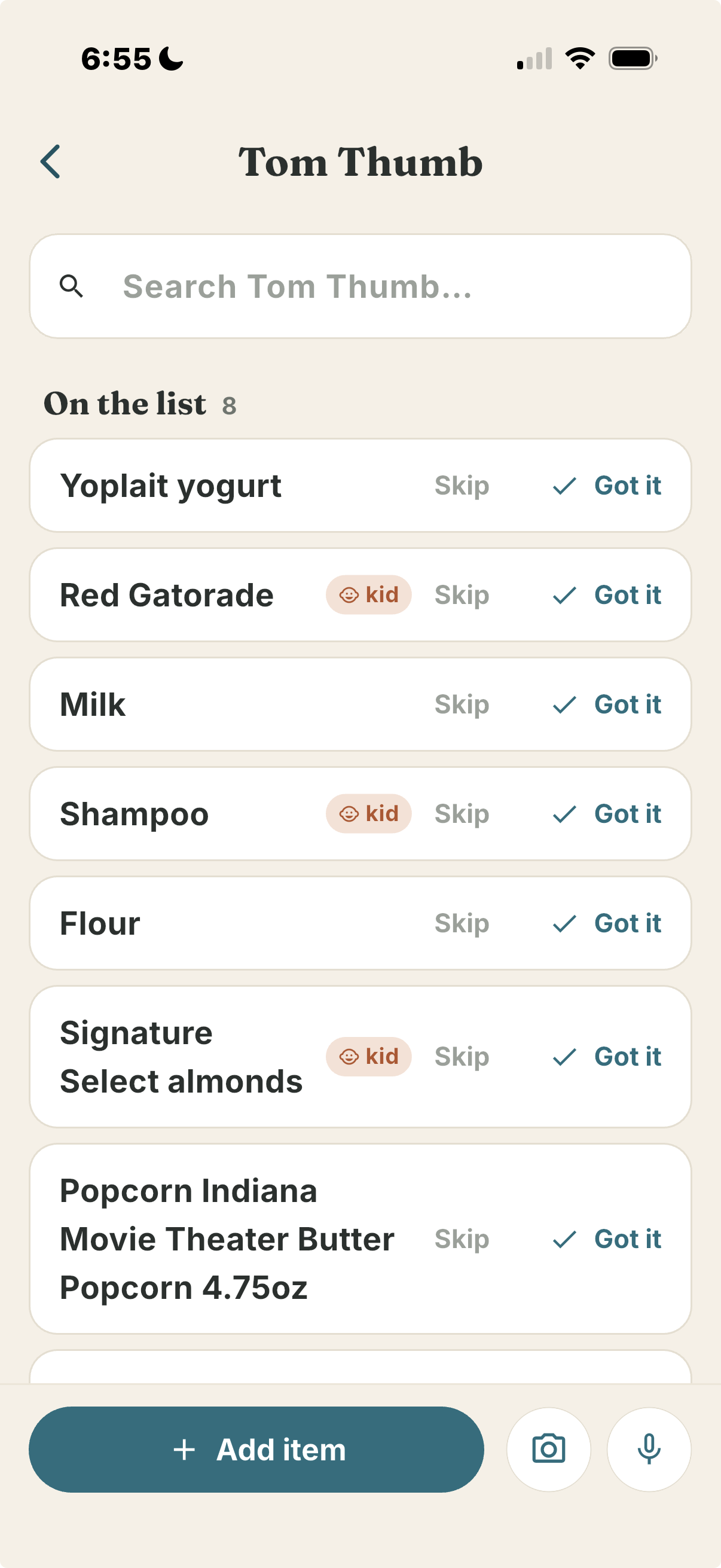 Rosemary's store list with one-tap Got it check-off and kid tags