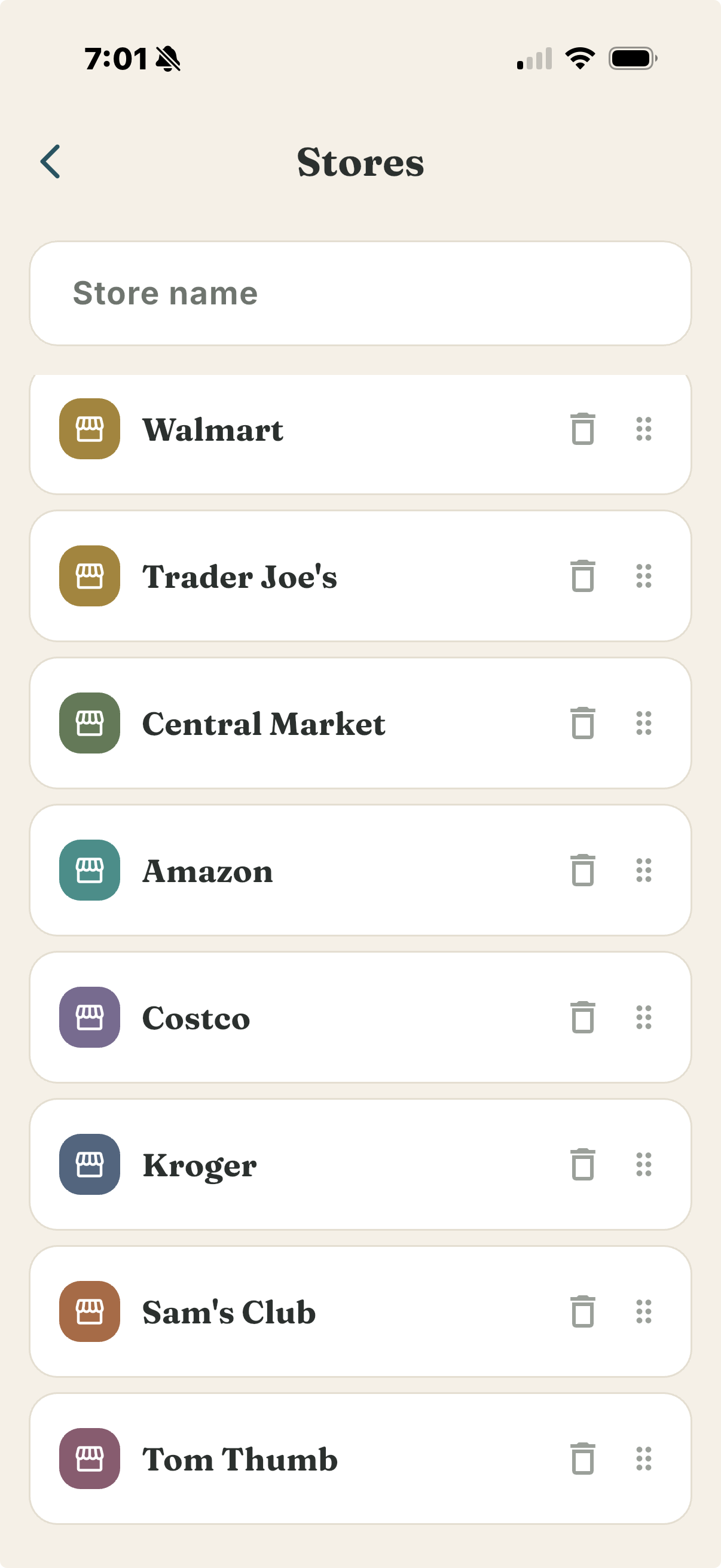 A separate list for every store — Walmart, Costco, Kroger, Trader Joe's